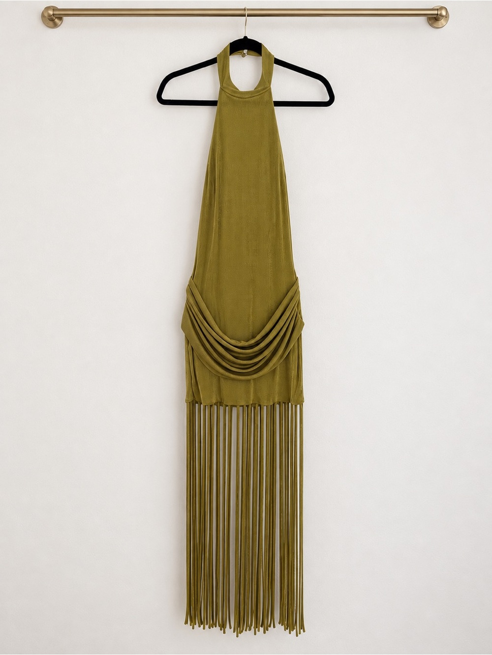 Fashion Nova Olive Halter Backless Fringe Maxi Dress